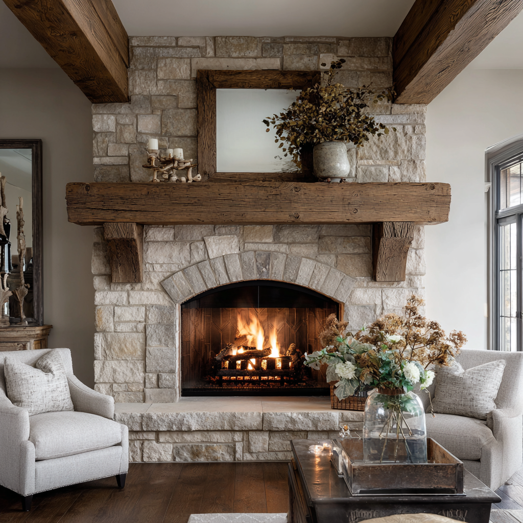 Stone fireplace with warm fire. Heavy wood mantel over, with comfortable neutral sofa and chair.