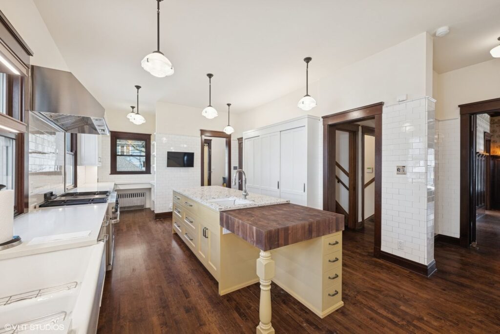 Large Kitchen yellow island, butcher block island